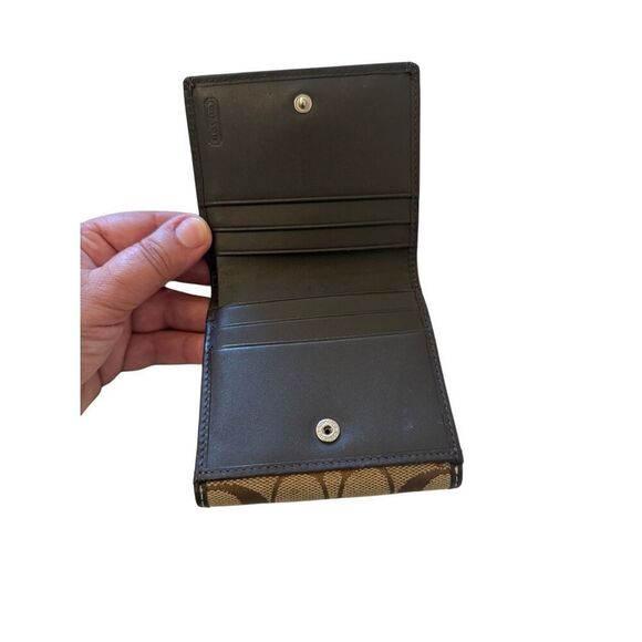 Coach Womens Brown Signature C Logo Leather Canvas Card Snap Bifold Wallet Small - Picture 5 of 10